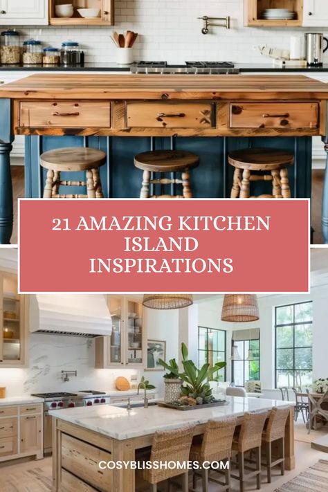 Looking for kitchen island ideas that can really transform your space? Here are 21 amazing inspirations that range from rustic farmhouse styles to sleek, contemporary designs. Whether you're dreaming of a DIY project island for family gatherings or a modern setup for culinary adventures, this list has something for everyone. Experience how your kitchen can become the heartbeat of your home with functional and stylish islands that enhance both aesthetic and convenience. Discover your dream kitchen with these unique and practical ideas! Kitchen Islands With Farmhouse Sinks, Table For Island Kitchen, Large Kitchen Island No Sink, Cottage Style Kitchen Island, Diy Kitchen Island Projects, Kitchen Island Ideas With Sink, Island With Sink And Seating, Wood Island Kitchen, Kitchen With Island Ideas