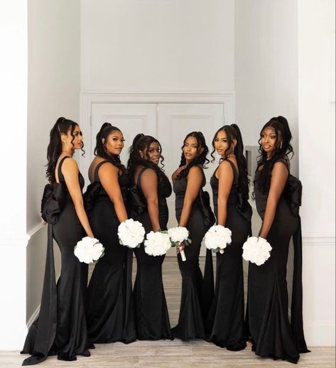 Black Sequin Bridesmaid Dress Long, Black Bride And Bridesmaid Pictures, Black Brides Mades Dresses, Black Bridesmaid Dresses Black Women, Black Bridesmaids Dresses Mismatched, Bridesmaids Black Women, Wedding Bridesmaid Dresses Black, All Black Wedding Party Attire, Black Bridal Party Attire