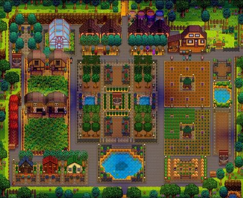 First Farm: Fall Year 1 on PC [ No mods or glitches]. 600+ Hrs Logged. Going for 100% Completion(currently around 84%). Currently working on updating some decor and going to be adding the golden Clock to the center and finishing adding some more trees! If you're wondering the guest houses have been fully upgraded via help of my Mods(im a streamer). Other wise I worked on this farm 100% alone & live on stream!!!! For more inspo, tips & tricks follow me on Twitch, Instagram & Twitter @ ZaffLuto Stardew Year 1, Stardew Valley Farm Layout Co-op, Stardew Valley Fully Upgraded House, Stardew Farm Decoration, Stardew Farm, Golden Clock, Stardew Farms, Stardew Valley Layout, Stardew Valley Tips