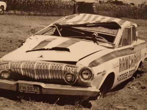 Ramcharger Herman Mozer walked away from this 120 mph barrel roll crash but the team’s ’63 Max Wedge lightweight was obviously totaled. The wreck happened late in the summer of 1963 during a tire testing session at Ulby Dragway when wet brakes caused the car to veer off the track after the finish line. The timing couldn’t have been worse. The U.S. Nationals at Indy was a mere two weeks away! Vintage Drag Racing, Funny Car Drag Racing, Nhra Drag Racing, Mopar Cars, Racing Photos, Old Race Cars, Vintage Muscle, Drag Racing Cars, Race Engines