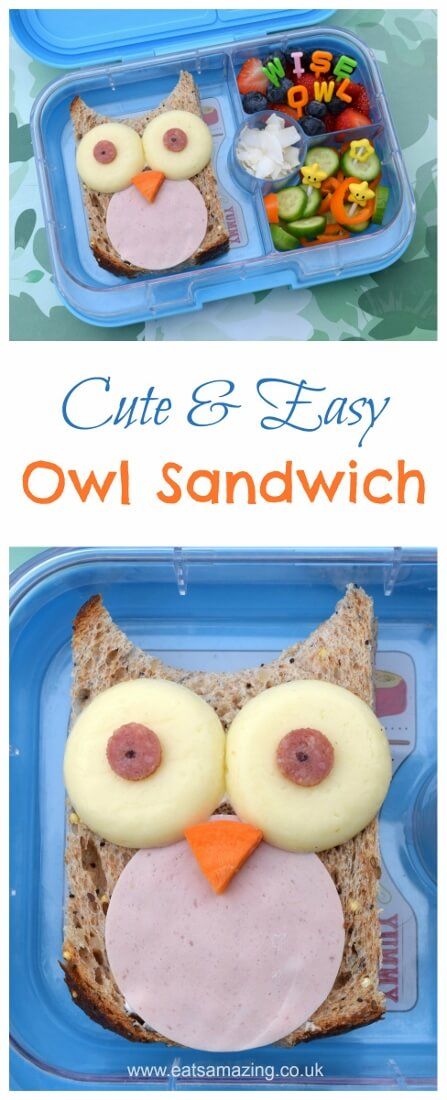 Easy owl sandwich and cute bento lunch idea from Eats Amazing UK - kids will love this fun lunchbox surprise Zoo Lunch Ideas For Kids, Kinder Lunch Box Ideas, Non Peanut Butter Lunches For Kids, Unicorn Bento Lunch, Pokemon Bento Box Lunches, Healthy Food Art, Creative Sandwich, Bento Box Lunch For Kids, Fun Kid Lunch