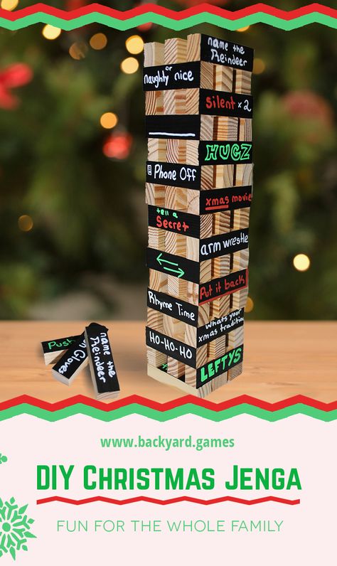 Add 54 Christmas Themed actions to the game of Jenga to add a Christmas twist to this favorite classic game.  Super fun and it's quick to play with an approx 10-15 minute play time.  #jenga #diygames #christmas #christmasgames #holidays Christmas Jenga, Jenga Ideas, Christmas Drinking Games, Christmas Eve Games, Easy Homemade Christmas Gifts, Games Outdoor, Xmas Games, Fun Christmas Party Games, Fun Christmas Games