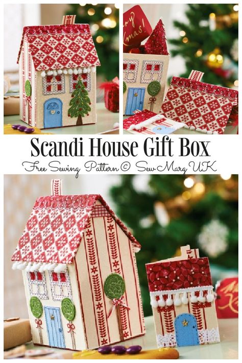 DIY Fabric Christmas House Gift Box Free Sewing Patterns Fabric Houses Pattern, Diy Christmas Storage, Quilted Houses, Gingerbread House Ornaments, Diy Craft Room Storage, Fabric Art Diy, Christmas Project Ideas, Sewing Kit Pattern, Sew Tutorials