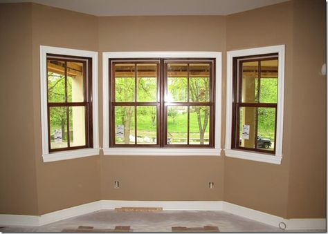 The "L" Shaped House: Painting…Day 44  White trim w non-white windows Oak Trim Windows, White Trim Wood Doors, Brown Window Frames, Paint Wood Trim White, Wood Windows White Trim, Home Gallery Design, Hall Colour Ideas, Paint Wood Trim, Brown Windows