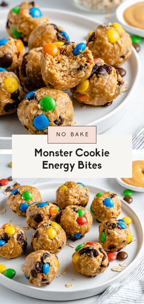 No Bake Monster Energy Bites, Monster Cookie Energy Balls, Kid Foods, Healthy Afternoon Snacks, Monster Cookie, Kid Snacks, Ambitious Kitchen, Bake Recipes, Protein Balls