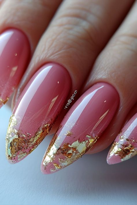 may nails coffin nails designs acrylic short nail set nails nail art nail nail designs nail polish bright nails nail ideas nail art designs nails acrylic nails art nails design nails ideas nail art ideas Nail Art New Years Ideas, Pretty Long Nails Ideas, Pink And Gold French Tip Nails, Rose Gold And Pink Nails, Pink Nails With Gold Foil, Pink Nails 2024, Gold Pink Nails, Pink And Gold Nail Designs, Elegant Nails Pink