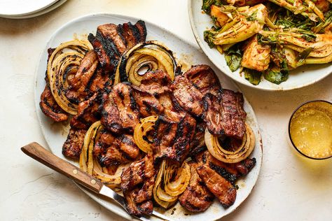 Grilled Gochujang Pork With Fresh Sesame Kimchi Recipe - NYT Cooking Gochujang Pork, Broccoli Fried Rice, Leftover Pork, Kimchi Recipe, Corn Fritters, Spicy Pork, Nyt Cooking, Pork Shoulder, Steamed Rice