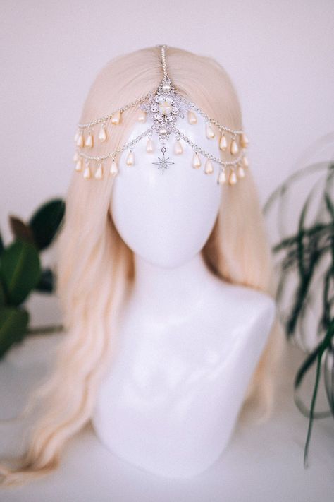 Celestial Jewellery, Chain Headband, Festival Headpiece, Pearl Crown, Wedding Crown, Bridal Headpiece, Bridal Crown, Hair Accessories, Boho - Etsy South Africa Fantasy Hair Jewelry, Cloud Headpiece, Aphrodite Crown, Goddess Head Piece, Fantasy Hair Accessories, Fantasy Crowns, Headpiece Art, Crown Hair Accessories, Fantasy Crown