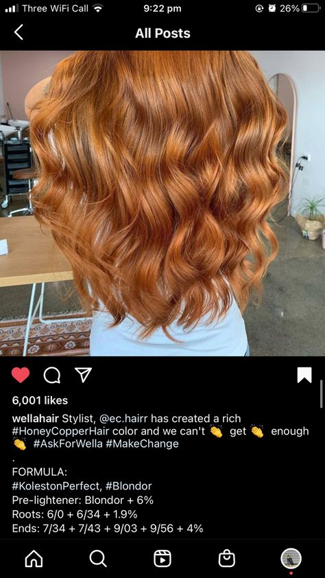 Cooper Formula Hair, Wella Copper Hair Color, Golden Copper Hair Color Formula, Ginger Hair Wella Formula, Golden Copper Hair Formula, Ginger Hair Formula, Wella Copper Formula, Redken Copper Hair Formulas, Cooper Balayage Hair