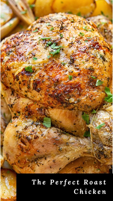 Rosemary and Thyme Roast Chicken and Potatoes Roast Chicken Recipe, Potatoes Roasted, Perfect Roast Chicken, Roasted Chicken And Potatoes, Thyme Chicken, Easy Roast Chicken, Perfect Roast, Seared Chicken Breast, Whole Chicken Recipes