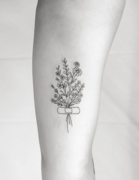 Medical Flower Tattoo, Bandage Flower Tattoo, Nurse Flower Tattoo, Healing Flowers Tattoo, Flower Box Tattoo, Dainty Nurse Tattoo, Watering Can Tattoo Ideas, Growing Flowers Tattoo, Band Aid Flower Tattoo