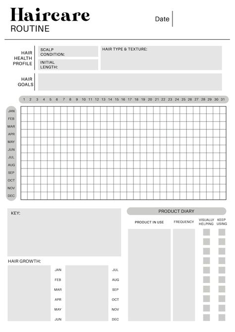 Haircare Routine Planner (B&W): Hair Health Profile, Hair Goals, Key, Product Dairy, Hair Growth Daily Planner Book, Free Planner Templates, Daily Planner Printables Free, Daily Routine Planner, Study Planner Printable, Itinerary Planner, Haircare Routine, Planner Minimalist, Routine Planner