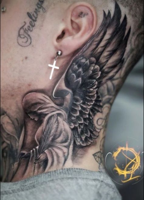 Angel Tattoo Men Neck, Angel Wing Tattoo For Men, Jesus Neck Tattoo, Neck Angel Tattoo, Angel Tattoo Behind Ear, Men's Side Neck Tattoos, Ester Tattoo, Full Neck Tattoos For Men, Men’s Neck Tattoos