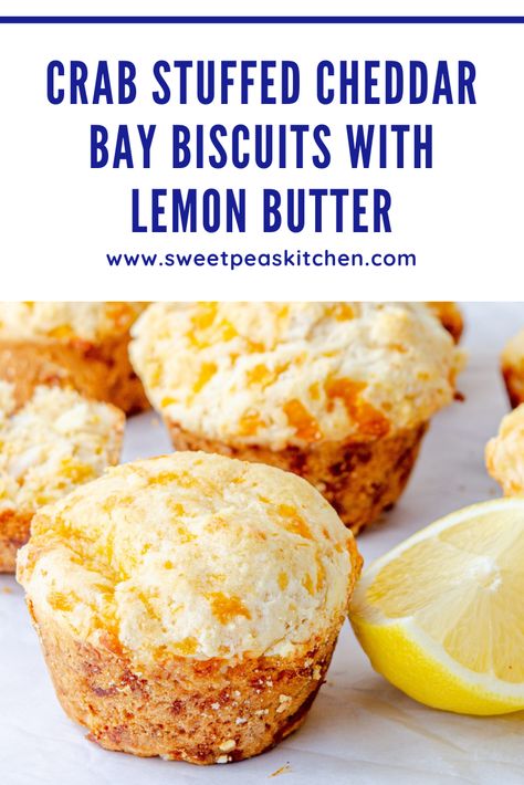 Cheddar Bay Crab Biscuits, Crab Stuffed Cheddar Bay Biscuits With Lemon Butter, Crab Stuff Cheddar Bay Biscuits, Crab Biscuits, Crab Stuffed Cheddar Bay Biscuits, Stuffed Cheddar Bay Biscuits, Almond Joy Pie, Hearty Appetizers, Appetizers Seafood