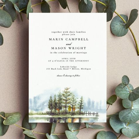 Rustic Lake Forest Watercolor Woodland Wedding Invitation Lake Wedding Invitations, Save The Date Pictures, Woodland Wedding Invitations, June Lake, Watercolor Woodland, Forest Watercolor, Tea Party Wedding, Lakeside Wedding, Camp Wedding