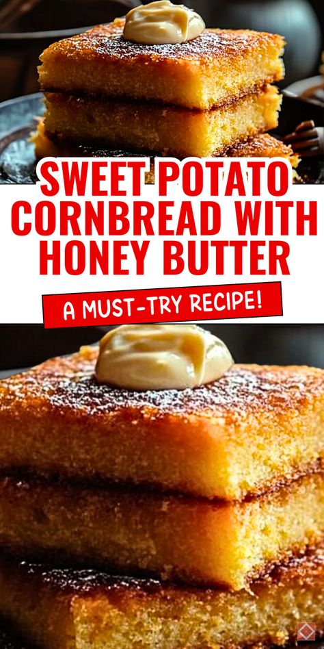 Looking for a way to make your cornbread unforgettable? This honey butter sweet potato version is soft, rich, and perfectly sweetened. It’s a great addition to family dinners, potlucks, or holiday tables. Serve it warm with extra honey butter for a comforting, crowd-pleasing dish. Save this recipe for your next big meal! Honey Sweet Potato Cornbread, Honey Butter Sweet Potato Cornbread, Sweet Potato Cornbread Jiffy, Ways To Make Sweet Potatoes, Cornbread With Honey Butter, Cornbread With Honey, Popular Breakfast Recipes, Homemade Honey Butter, Leftover Cornbread