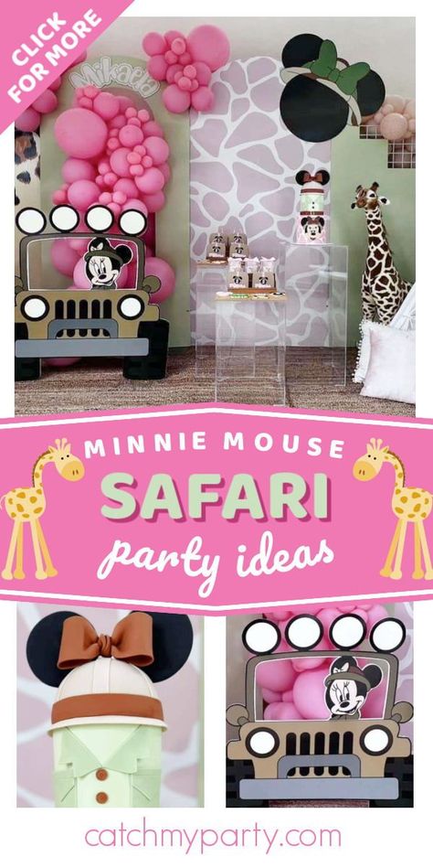 Minnie Mouse Safari Birthday Party, Minnie Mouse Safari Birthday, Wild One Minnie Mouse Party, Minnie Mouse Safari Cake, Two Wild Minnie Mouse, Girl Safari Birthday Party, Safari Pink Birthday Party, Minnie Mouse Safari Party, Minnie Safari Birthday