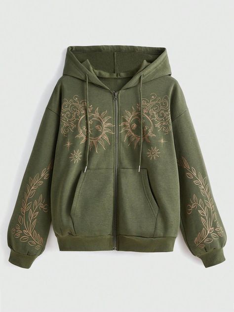 Sun & Leaf Graphic Zip Up Drawstring Thermal Lined Hoodie Hippie Sun, Leaf Graphic, Hippie Hoodie, Lined Hoodie, Hippie Outfits, Really Cute Outfits, Dream Clothes, Grunge Outfits, Fashion Online Shop