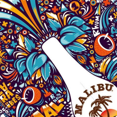 Packaging design for Malibu bottles ( only available in France ) .by myself ( Niark1 ) and the Feebles crew. Malibu Bottle, Malibu Art, Alcohol Packaging Design, Wood Burning Stencils, Cool Illustration, Alcohol Packaging, Bottle Designs, Inspirational Illustration, Creativity Art