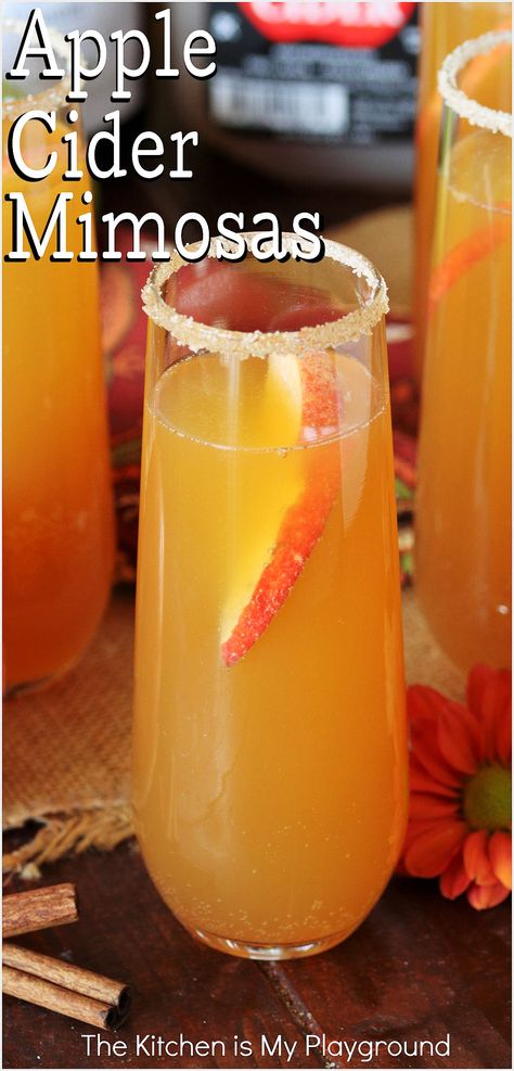 Apple Cider Mimosa in stemless champagne flute, garnished with an apple slice Fall Mimosa, Oktoberfest Recipes, Cider Mimosa, Cider Mimosas, Apple Cider Mimosa, Oktoberfest Food, Cinnamon Syrup, Apple Brandy, Fall Soup Recipes