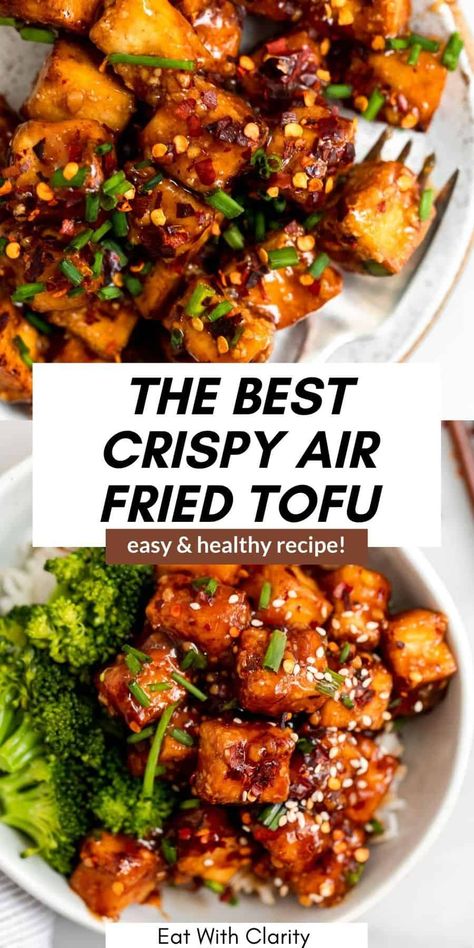 Tofu Dinners Healthy, Spicy Crispy Tofu Recipes, Tofu Airfryer Recipe, Tofu Air Fryer Recipes Easy, Airfryer Tofu Recipe, Crispy Tofu Recipes Air Fryer, Air Fryer Crispy Tofu, Air Fried Tofu Recipes, Air Fried Tofu Crispy