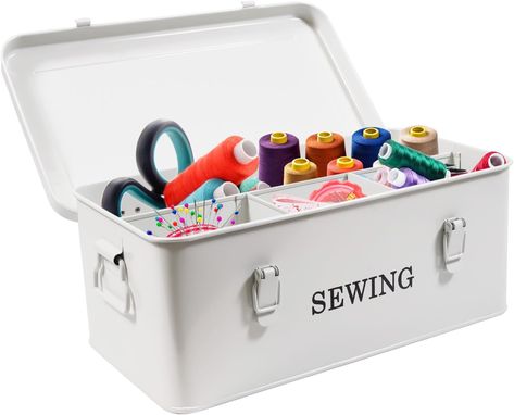 Sewing Box, Sewing Organizer Box Metal, Sewing Kit Storage Box, Sewing Supplies Case with Safety Locks, 4 Compartments Sewing Basket, Sewing Storage Box for Thread, Scissors & Pins (White) Sewing Kit Storage, Sewing Organizer, Sewing Storage, Sewing Basket, Sewing Baskets, Sewing Organization, Organiser Box, Sewing Box, Sewing Kit