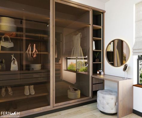 Dressing table integrated into wardrobe with sliding tinted glass doors Dressing With Glass Doors, Walkin Wardrobe With Dresser, Tinted Wardrobe, Tinted Glass Wardrobe, Sliding Wardrobe With Dressing Table, Glass Wardrobe Doors, Walkin Closets Design, Glass Sliding Wardrobe Doors, Wall Wardrobe