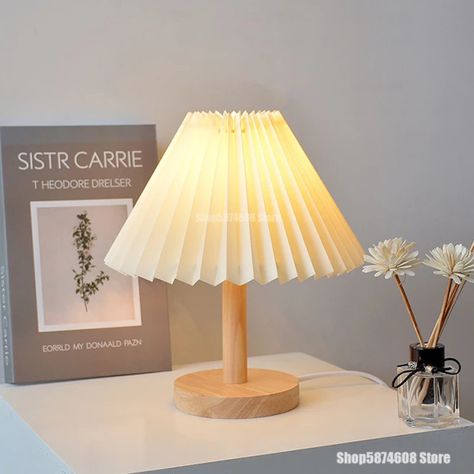 Korean Retro Pleated Solid Wood Table Lamp Home Deco Nightstand Lamp Study Reading Table Lamps Living Room Decorative Lighting _ - AliExpress Mobile Reading Table, Bed Lamp, Bedroom Night Light, Nightstand Lamp, Solid Wood Table, Dimmable Lamp, Wood Lamps, White Table Lamp, Bedroom Lamps