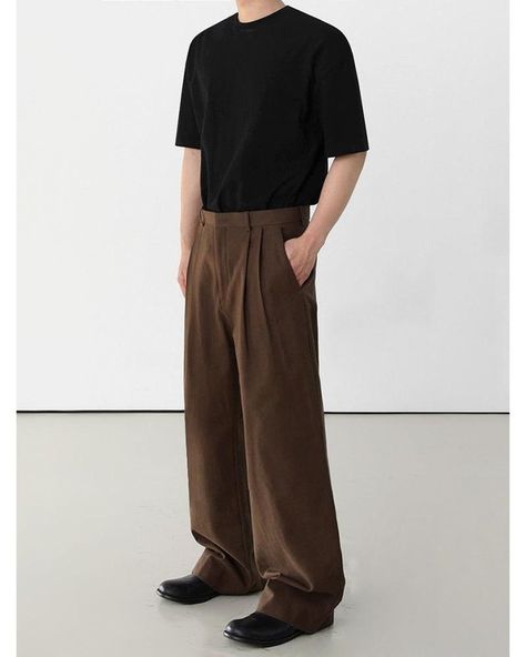 OH Fold Pleats Wide Trousers • Discover Trending Men's Fashion From Asia • Collection: OH Atelier . #koreanfashion #streetwear #streetfashion #outfitidea #styleinspo #mensfashion Trouser Outfit, High Heel Sneakers, Wide Trousers, Brown Pants, Bag Dress, Fit Check, Mens Fashion Trends, Trending Dresses, Brunei