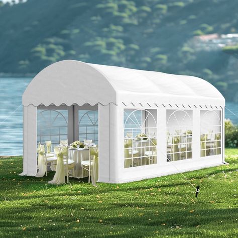 Gather under the sun without worrying about harmful UV rays with this large canopy tent. Its durable, rust-resistant powder-coated steel frame supports a UV-resistant polyester fabric roof and sidewalls that provide ample shade. Outdoor Tent Party Backyards, Glass Tent Wedding, Outdoor Wedding Tent Decor, Patio Wedding, Large Patio, Wedding Shower Decorations, Shade Canopy, Outdoor Gazebos, Tent Rentals