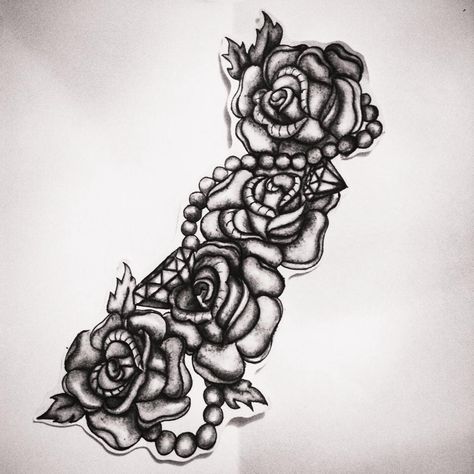 tattoo design- roses, pearls and diamonds Diamond Sleeve Tattoo, Pearls Tattoo, 3 Roses Tattoo, Traditional Tattoo Black And White, Rose And Pearl, Pearl Tattoo, Roses And Pearls, White Rose Tattoos, Flower Tat