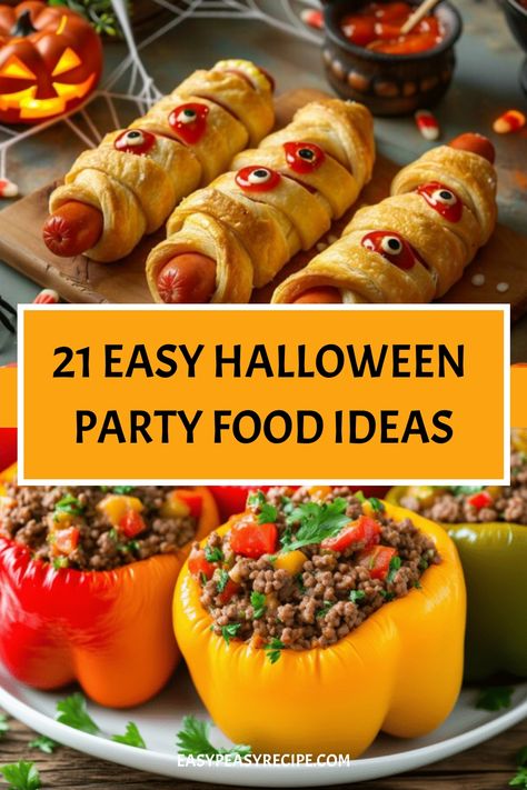 21 Halloween-themed party food ideas, featuring mummy hot dogs and stuffed bell peppers. Halloween Make Ahead Food, Spooky Pot Luck Ideas, Easy Diy Halloween Snacks, Simple Halloween Finger Foods, Easy Spooky Appetizers, Spooky Halloween Potluck Ideas, Halloween Food Ideas For Dinner Sides, Halloween Snacks For Party Savory, Halloween Office Party Food