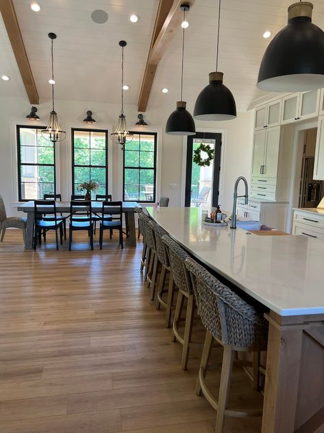 Modern Farmhouse Ideas, Barndominium Interior, Metal Building House Plans, Metal House Plans, Dining Table Makeover, White Siding, Building A Kitchen, Barn Style House Plans, Farmhouse Kitchen Design