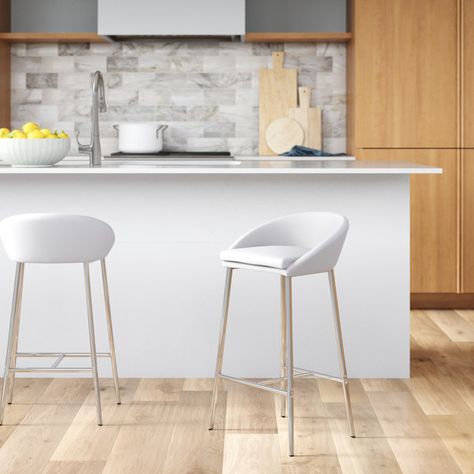 White Counter Bar Stools, White Barstools In Kitchen, White Bar Stools Kitchen, White Kitchen Bar Stools, Alora Lighting, White Counter Stools, White Bar Stools, Villa Interior, Chicago Apartment