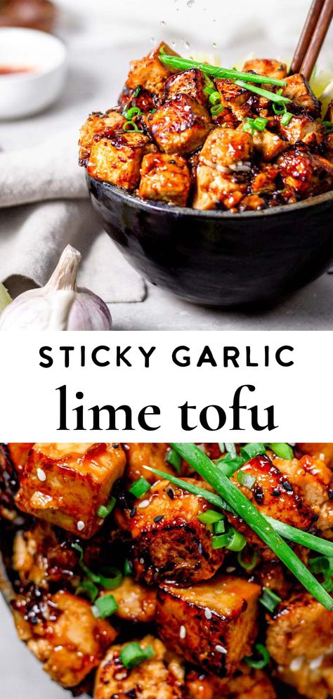 If you're in the mood for an easy weeknight dinner, this sticky panfried garlic lime tofu is for you! This tofu is marinated to perfection, panfried, and then coated in a thick, sticky, sweet yet savory, garlic lime sauce. Garlic Tofu, Resep Vegan, Tofu Recipes Healthy, Tofu Recipes Vegan, Tofu Dishes, Lime Sauce, Easy Weeknight Dinner, Tasty Vegetarian Recipes, Think Food