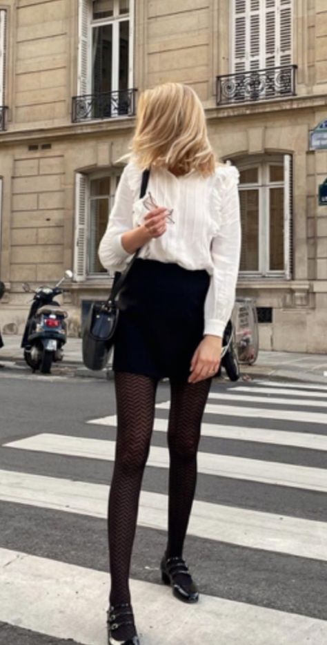 Parisian Chic Outfits Autumn, French Rock Chic, Mary Janes Business Outfit, Carel Kina Shoes Outfit, Mini Skirt Classy Outfit, Skirt With Mary Jane Shoes, Work Outfits With Tights, Mary Janes Skirt Outfit, Black Mini Skirt Outfit Work