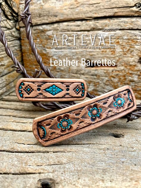 Tooled Leather Hair Clips, Leather Barrettes, Leather Hair Clips, Custom Leather Work, Leather Hair Accessories, Leather Stamping, Handmade Leather Jewelry, Leather Designs, Diy Leather Projects