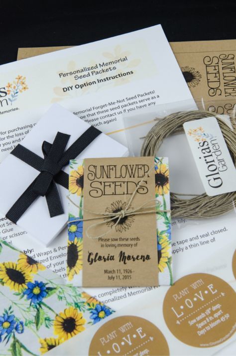 Sunflower Seed Packets, Diy Seed Packets, Forget Me Not Seeds, Memorial Services, Sunflowers And Daisies, Note Memo, Memorial Flowers, Sunflower Seed, Seed Packets