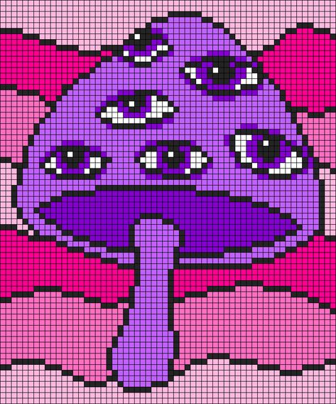 Mushroom Tapestry Crochet Pattern, 3 Color Pixel Art, Mushroom Grid Pattern, Trippy Alpha Pattern, Trippy Pixel Art Grid, Pixel Art Pattern Ideas, Trippy Pixel Art, Animal Pixel Art, Mushroom Pixel Art