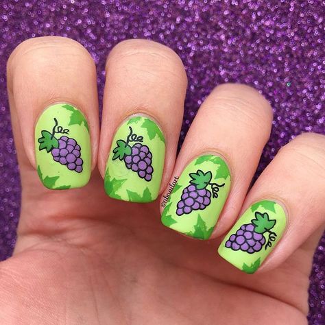 Hello! 💜 Grapes for #glamnailschallengesept 🍇🍇🍇 here is my mani, Its a stamping design! 😊 I chose a light green base colour. After I did… Grapes Nails Design, Fruits Nail Art Designs, Grape Nail Art, Grape Nails Design, Grapes Nails, Grape Nails, Princess Nail Designs, Hair Dues, Fruit Nails