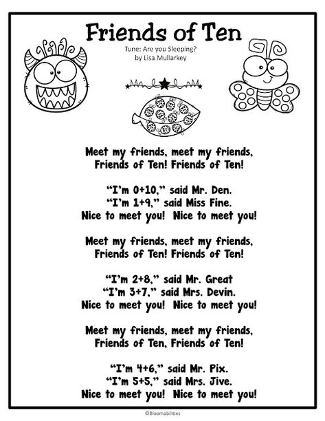 TEN is such an important benchmark number! I love teaching Friends of Ten / Combinations of 10 because it really is a necessary skill to master that leads to soooo many other skills. This year, my colleague and I really made sure our kids knew the combinations inside and out. We reviewed it way more than usual and of course that helped solidify mastery. Grab the freebie poem on my blog. Ufli Foundations First Grade, First Grade Songs, Combinations Of 10, Guided Math Stations, Friends Of Ten, Math Poems, Writing Elementary, First Grade Freebies, Math Songs