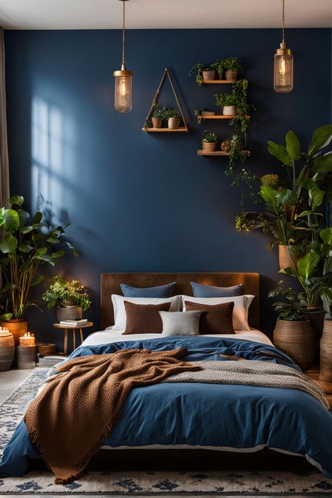 Ready to create a calming and soothing space in your bedroom? Explore our collection of 45+ bedroom color ideas and discover the perfect palette to match your mood. From soft blues to muted greens, we've got the perfect colors to help you unwind and relax. #CalmingSpace #BedroomColorIdeas #SoothingColors #RelaxationMode Navy Blue Room Color Scheme, Blue Woodsy Bedroom, Room Ideas Color Paint, Silver And Navy Bedroom Ideas, Navy Mens Bedroom, Mid Blue Bedroom, Warm Colour Bedroom, Bedroom Aesthetic Cozy Blue, Blue Color Schemes For Bedroom