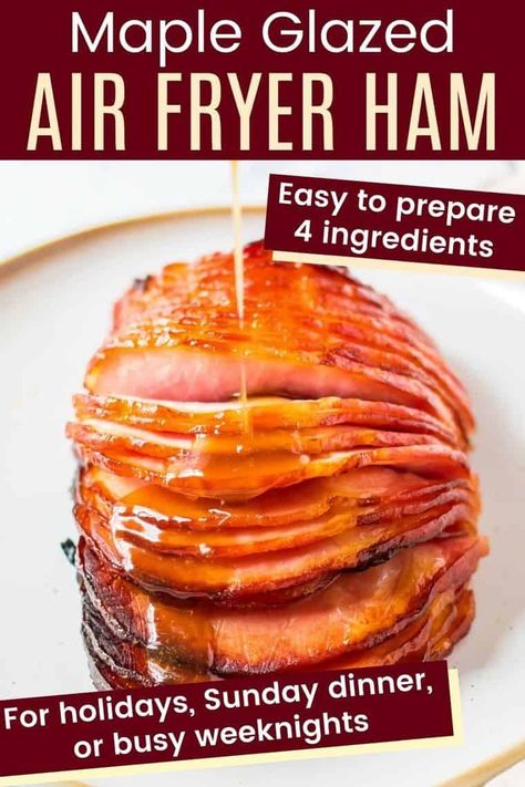 Air Fryer Boneless Ham - coated with a thick, mouthwatering maple syrup and Dijon mustard glaze for a sweet and tangy flavor that tastes incredible with salty, smoky ham. So quick to prepare and easy to make, this glazed ham recipe will simplify your holiday meal. But it's fast enough to enjoy even on a weeknight. Boneless Ham Recipe, Mustard Ham Glaze, Recipes With Cooked Ham, Air Fryer Ham, Easy Ham Glaze, Maple Ham, Boneless Ham, Maple Glazed Ham, Maple Syrup Glaze