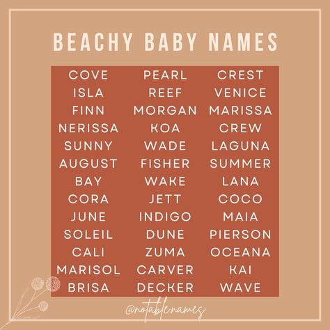 It has been hot hot hot lately which has got me thinking about beachy baby names. These names are all inpsired by the beach and give off that cool and carefree vibe, perfect for your little beach babe. Whether you want a meaningful middle to honour your love of the water and sand, or want a standout name, there's a little something for everyone on this list! #names #girlnames #boynames #babynames #babyboynames #babynameideas #babynameinspo #babygirlnames #babynamesuggestions Water Baby Names, Beach Names Ideas, Coastal Baby Names, Beachy Baby Names, Beachy Names, Hawaiian Baby Names, Beach Names, Fun Names, Ocean Names