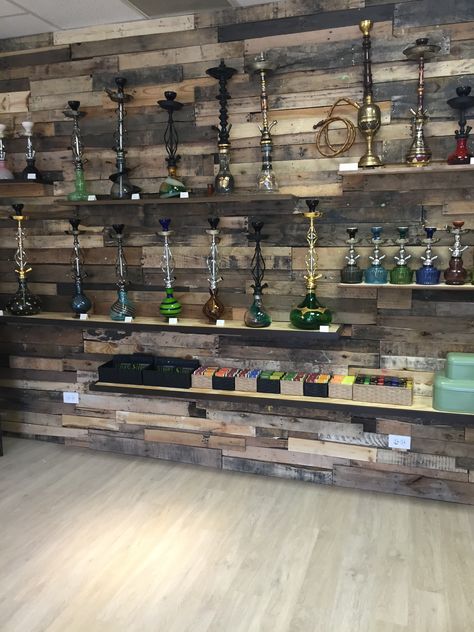 Hookah shisha wall by Roots Smoke Shop Chicago made of reclaimed wood. Hokaah Lounge, Shishalounge Design, Nargila Bar, Bar Interior Design, Lounge Bar, Head Shop, Bar Interior, Lounge Design, Outdoor Restaurant