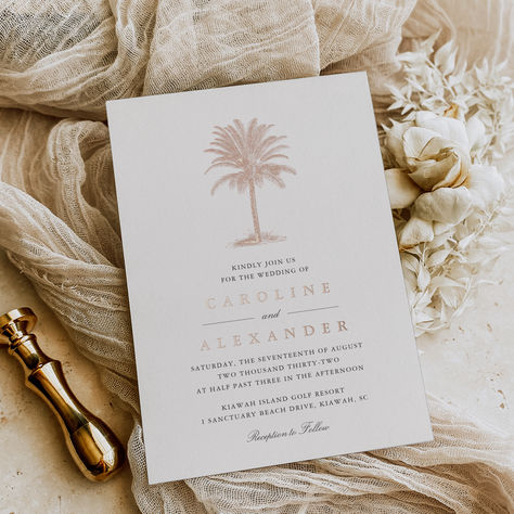 Havana Palm :: elegant beach wedding invitations with a vintage feel and luxe rose gold foil detailing. Palm Tree Illustration, Palm Tree Wedding Invitations, Palm Tree Wedding, Elegant Beach Wedding, Vintage Palm Tree, Palm Wedding, Colorful Wedding Invitations, Tree Wedding Invitations, Foil Invitations