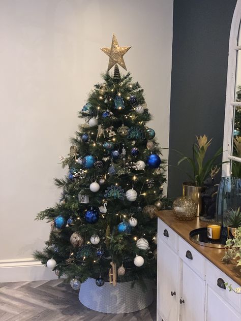 Blue and gold Christmas tree. Christmas Tree Blue And Gold, Blue And Gold Christmas Tree, Christmas Tree Golden, Blue And Gold Christmas, Christmas Tree Blue, Small Christmas Tree, Blue Christmas Tree, Small Christmas Trees, Gold Christmas Tree