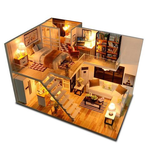 Loft Layout, Wooden Dollhouse Kits, Wooden Dolls House Furniture, Apartment Loft, Small Loft, Apartment Floor Plans, Interior Minimalista, Apartment Architecture, Apartment Layout