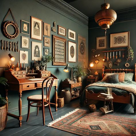 Green Bedroom Dark Academia, Dark Academia Green Bedroom, Dark Green Gallery Wall, Boho Academia Aesthetic, Moody Craftsman, Hobbit Decor, Academia Bedroom, Electric Colors, San Myshuno