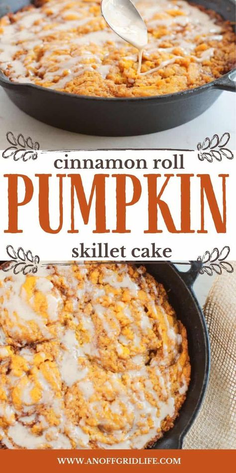 Cast Iron Dessert Recipe for Fall: Pumpkin Cinnamon Roll Skillet Cake This pumpkin cinnamon roll skillet cake is the perfect sweet treat to enjoy during fall. The recipe uses spiced frosting, making it the perfect dessert to celebrate the season. Plus, this cast iron skillet dessert is easy to make! Skillet Recipes Dessert, Iron Skillet Breakfast, Skillet Dessert, Dutch Oven Desserts, Homestyle Meals, Skillet Desserts, Cast Iron Skillet Cooking, Homestead Recipes, Skillet Bread